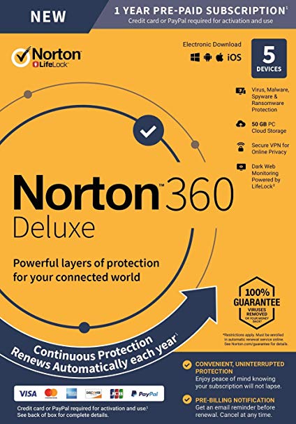 NEW Norton 360 Deluxe – Antivirus software for 5 Devices with Auto Renewal - Includes VPN, PC Cloud Backup - 2020 Ready [Key Card]