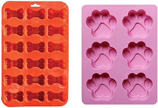 2 Pack Combo Silicone Molds Trays with Puppy Dog Paw and Bone Shape, Homemade Dog Treats, Baking Chocolate Candy, Oven Microwave Freezer Safe