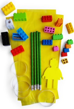 54 Pieces - Complete Building Blocks (Bricks) Theme Favors With Mini Figure Cutout Sticky Notepad, Pencil, Easers, Sharpener, Sticker, Ribbon and Bag!