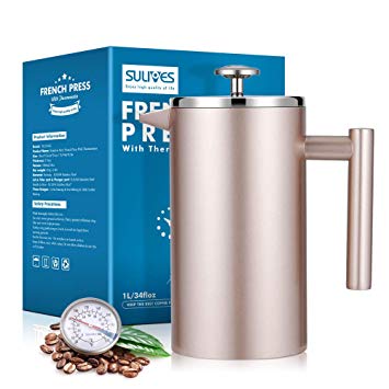 SULIVES Large Stainless Steel French Press Coffee Maker Double Wall Vacuum Insulated Stainless Steel- 34oz/ 1000ml (Champagne Gold)