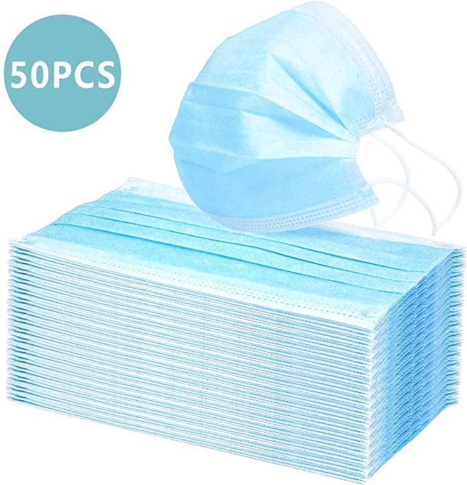 Respiratry Track Protection Devices 50 Pcs, 3 Ply Disposable Face Covering Pads with Elastic Ear Loops - Soft & Comfortable Filter Safety Multiple Layers for Dust Protection - Blue