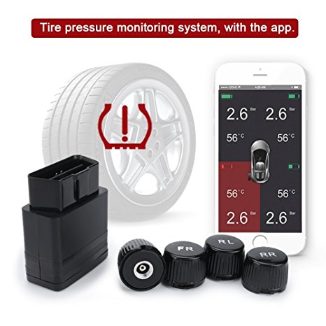 TPMS Tire Pressure Monitor System, Tsumbay Wireless Bluetooth Tyre Pressure Temperature Gauge Accurate Detection Monitoring Alarm with 4 External Sensors APP Applies to Android&iPhone Phones