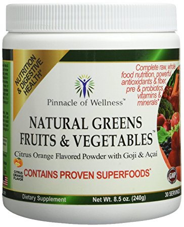 Pinnacle of Wellness Natural Greens Fruits & Vegetables Superfood Powder - Citrus Orange Flavor - 30 Servings 8.5oz (240g)