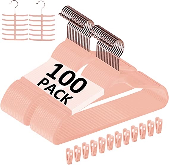 VECELO Premium Velvet Clothes Hangers Suit Heavy Duty (100 Pack)-Non Slip & Space-Saving with 12 Finger Clips & 2Tie Rack Excellent for Men and Women,Pink