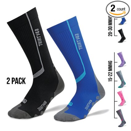 Compression Socks by Thirty48 - 1 or 2 Pairs - Graduated Knee High 15-22 mmHg and 20-30 mmHg - CatalystAF design with Arch Support - For Basketball, Running, Soccer, Gym, Nurses, Maternity