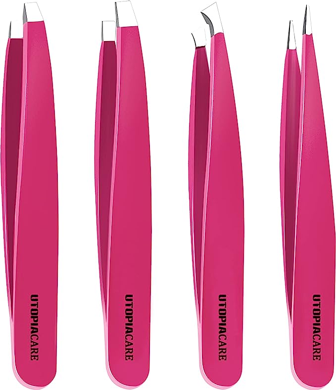 Professional Stainless Steel Tweezers Set (4-Piece) – Precision Tweezers for Ingrown Hair, Facial Hair, Splinter, Blackhead and Tick Remover (Pink)