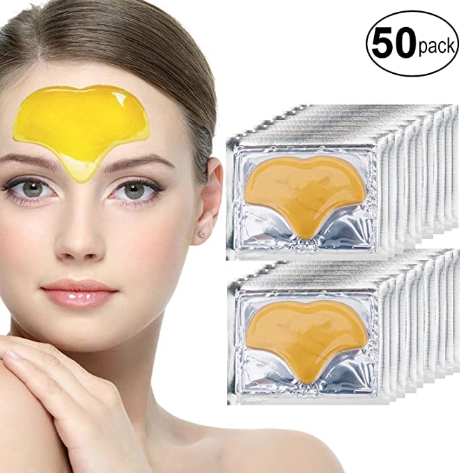 Anti Aging Treatments Set of 50pcs Forehead 24 K Gold Golden Collagen Gel Crystal Masks Patches for Wrinkles Frown Lines Removal, Hydration Moisturizing, Skin Pores Cleansing and Blackheads Removing