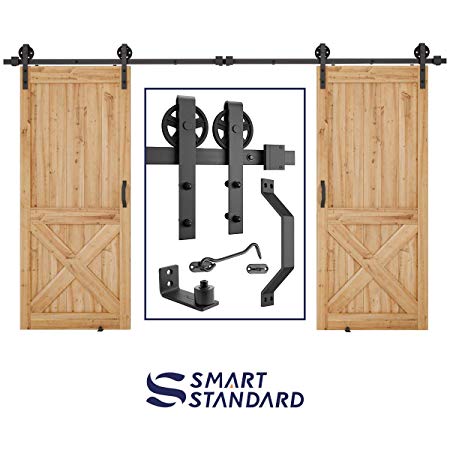 12ft Heavy Duty Double Gate Sliding Barn Door Hardware Kit, 12ft Double Rail, Black, (Whole Set Includes 2X Pull Handle Set & 2X Floor Guide & 1x Latch Lock) Fit 36" Wide DoorPanel (Bigwheel Hanger)