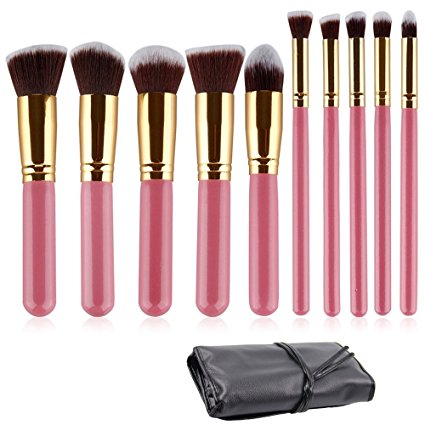 Ammiy 10PCS Professional Premium Kabuki Makeup Brush Set Pink Golden Kit With Case