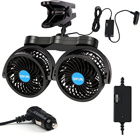 QIFUN 12V Adjustable Dual Head Clip Fan, 4 Inches Electric Car Clip Fans, 360° Rotatable Cooling Air Fan with Cigarette Lighter Plug for Vehicles, SUV, RV, Boat (Car Fan)