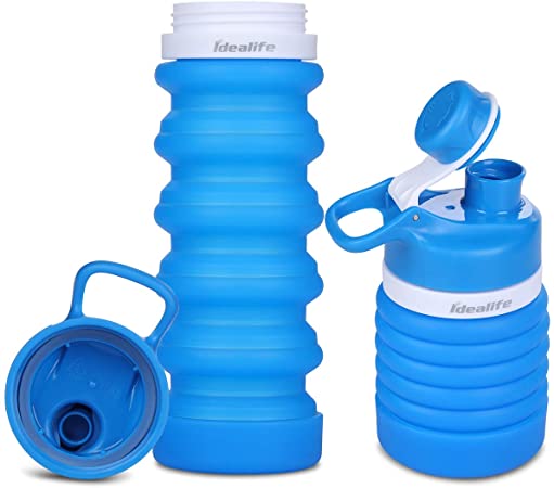 Idealife Collapsible Water Bottle BPA Free Food-grade Portable Silicone Leak Proof Safe Water Bottle for Women Men Kids, 18oz 550ml