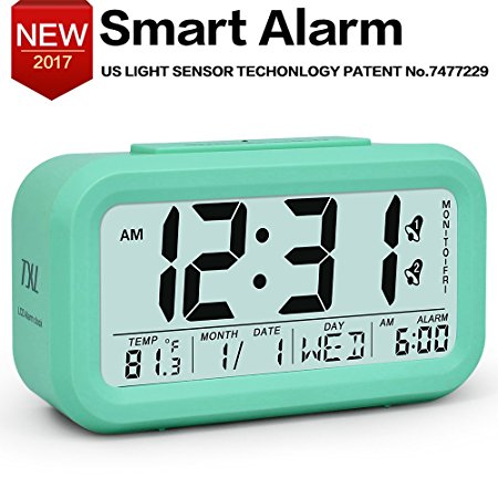 Alarm Clock 5.3" Smart Backlight Desk Clock with Snooze Calendar Dimmer For Home Office Bedside Battery Travel Clock Green
