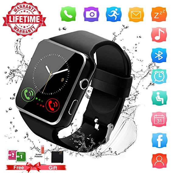 Smart Watch,Bluetooth Smartwatch Touch Screen Wrist Watch with Camera/SIM Card Slot,Waterproof Phone Smart Watch for Men Women Sports Fitness Tracker Compatible Android Phones Samsung Huawei (Black)