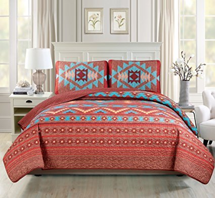 Western Southwestern Native American Tribal Navajo Design 3 Piece Multicolor Turquoise red Orange Brown Oversize King / California King Bedspread Quilt Coverlet Set (118"X95")