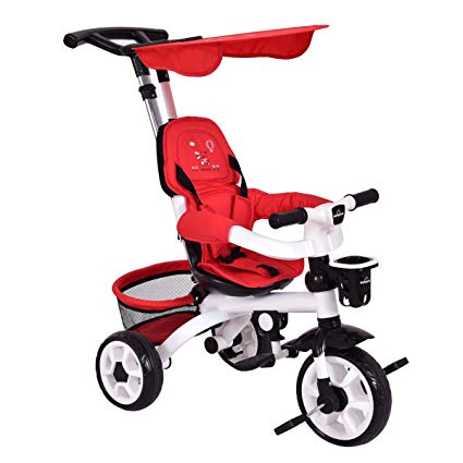 Costzon 4-in-1 Kids Tricycle Steer Stroller Toy Bike w/Canopy Basket (Red & White)