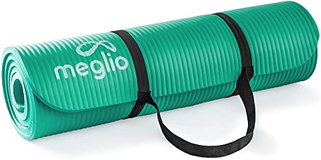 Meglio Yoga Mat - 10mm - Large Spongy Non-Slip Exercise Mat - Fitness Support for Pilates, Yoga, Stretching, & Home Workouts - Easy to Clean - Carry Strap Included - for Men, Women, & Children