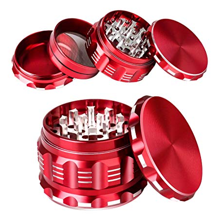 Herb Grinder, iRainy 2.5 Inches Spice Dry Herb Grinder with Pollen Catcher, 4 Pieces (Metal Red)
