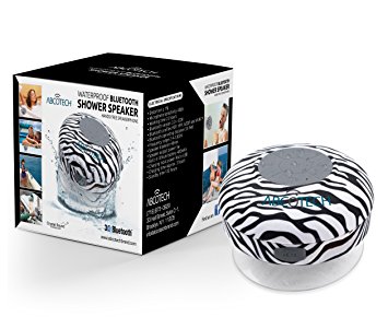 Abco Tech Water Resistant Wireless Bluetooth Shower Speaker with Suction Cup and Hands-Free Speakerphone, Black Zebra