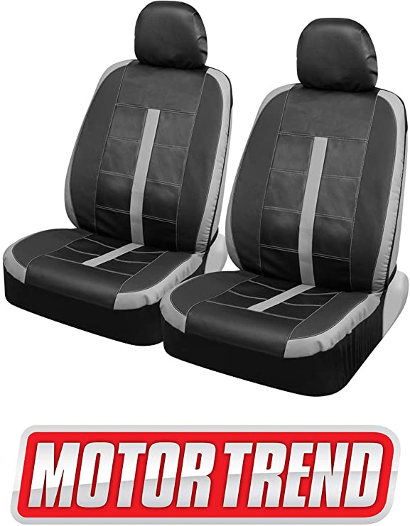 Motor Trend M234 Straight-Line Synth Leather Car Seat Covers for Front Seats - Luxurious Black & Gray Leatherette with Headrest Cover, Universal Fit for Cars Truck Van SUV