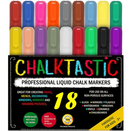 FANTASTIC ChalkTastic CHALK MARKERS MEGA 18 Pack, BEST for Kids Art, Menu Board Bistro Boards - Glass & Window Paint Marker Pens - Reversible 6mm Fine or Chisel Tip - Neon Colored Inc Gold & Silver