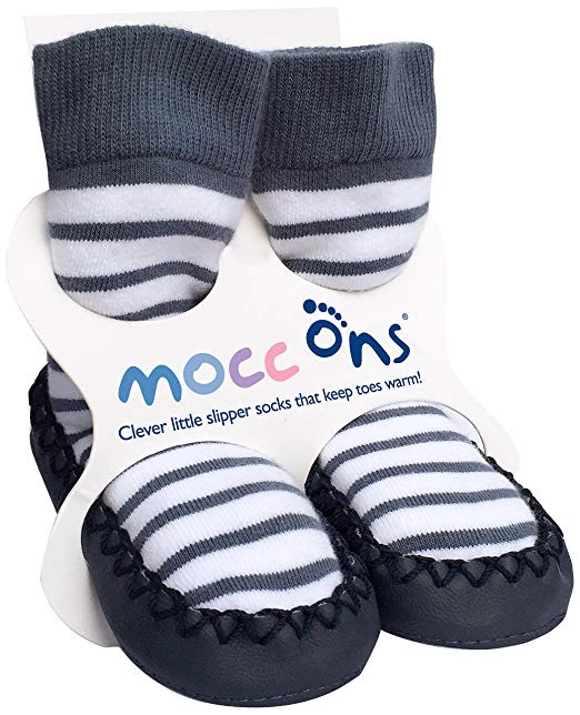 Mocc Ons Clever Little Moccasin Style Slipper Socks for Kids, Nautical Stripe