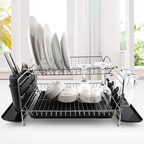 Dish Drying Rack, G-TING 2 Tier Dish Rack with Drainboard, Dish Drainer with Utensil Holder and Cup Holder, Stainless Steel Dish Rack Large Capacity For Kitchen Countertop, Sink Side (Sliver)