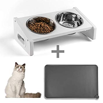 AostLin Elevated Dog Bowls with Wooden Stand and Silicone Pet Mat, 3 Piece Set, Mess Free Feeding System for Water and Wet or Dry Food, Supports Cats, Puppies or Rabbits