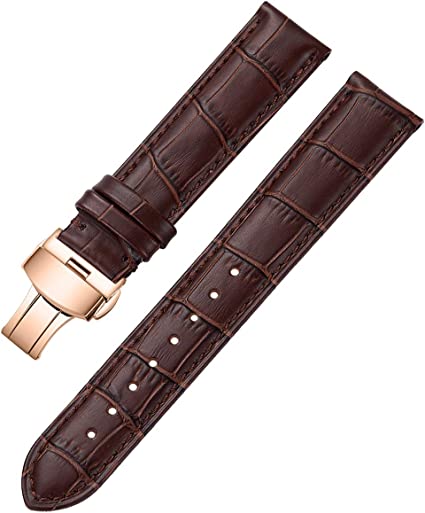 iStrap Leather Watch Band Alligator Grain Calfskin Replacement Strap Stainless Steel Deployment Buckle Bracelet for Men Women-18mm 19mm 20mm 21mm 22mm 24mm-Black Brown