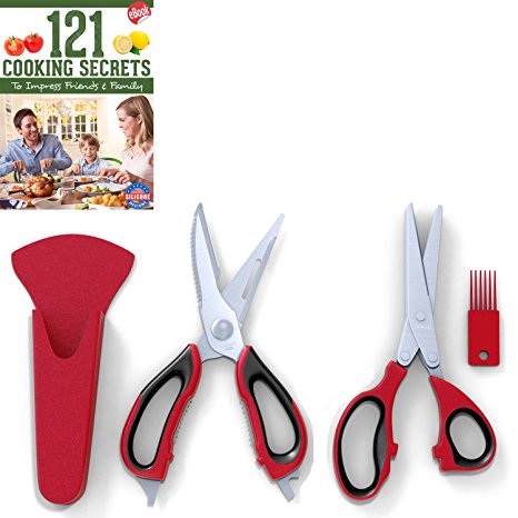 Kitchen Herb Shears (5 Blades) and Multi-purpose Kitchen Scissors Set, Red and Black, Stainless Steel, Plus 121 Cooking Secrets Ebook