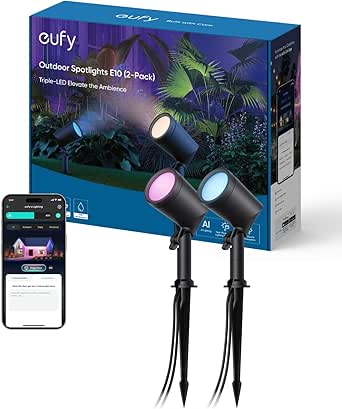 eufy Outdoor Spotlights E10, 2-Pack, Smart Wired RGBWW LED Landscape Lights, 500lm, IP65 Waterproof for Yard, Work with Alexa, App Control, Endless AI Light Themes for Festivals, Link with Cameras