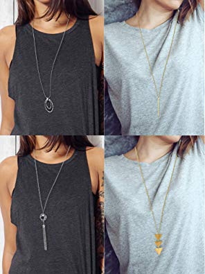 4 Pieces Long Pendant Necklace Set, Layer Simple Bar Necklace Tassel Y Strands for Women