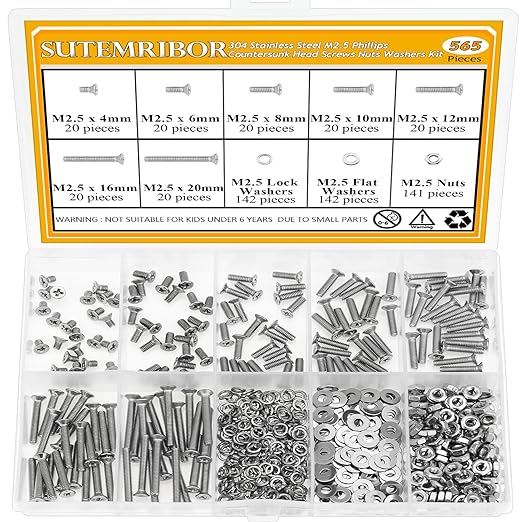 565 Pieces M2.5 Machine Screws Nuts Washers Set, Sutemribor M2.5 x 4/6/8/10/12/16/20mm Phillips Countersunk Head Machine Screws Nuts Washers Assortment Kit, 304 Stainless Steel, Fully Threaded