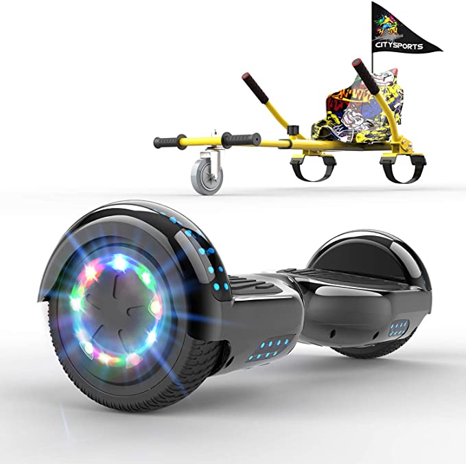 GeekMe Hoverboards 6.5 Inches with go kart seat, Segway hoverkart with LED Lights - Bluetooth Speaker - Flashing Wheels, Gift for kids and adults!