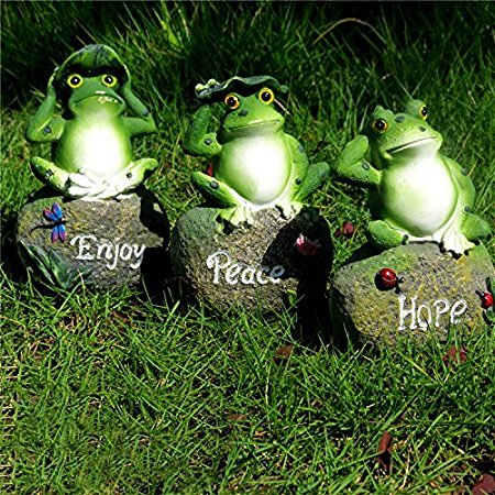 CoolPlus Frog Garden Decor Statue, Outdoor Patio Ornaments, Yard Decorations Art Figurines, Perfect for the Lawn Balcony Desk, A Set of 3, Enjoy Hope Peace [Original Design & Genuine Products]