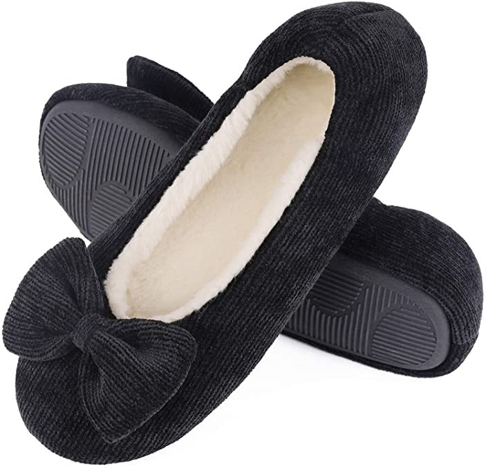 Women's Fuzzy Memory Foam Ballerina Slippers Soft Cotton Knit House Shoes with Stretchable Heel