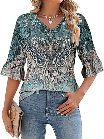 3/4 Length Sleeve Womens Tops Summer V Neck Eyelet Shirts Casual Floral Ruffle Sleeve Blouses, Small-5X-Large