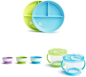 Munchkin® Stay PutTM Suction Plates, Bowls and Snack Cups for Toddlers (Blue/Green/Purple)