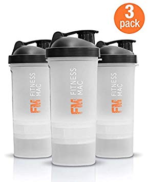3-Pack (Transparent/Black) Tri-Layered 22 oz Protein Shaker Cups with Twist n' Lock Vitamin and Protein Containers by Fitness Mac