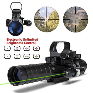 Aipa Rifle Scope 3-9x32EG Dual Illuminated & 4 Reticles Red Green Dot Sight with Electronic Unlimited Brightness Control &Green Laser with 22mm W/Picatinny Rail Mount