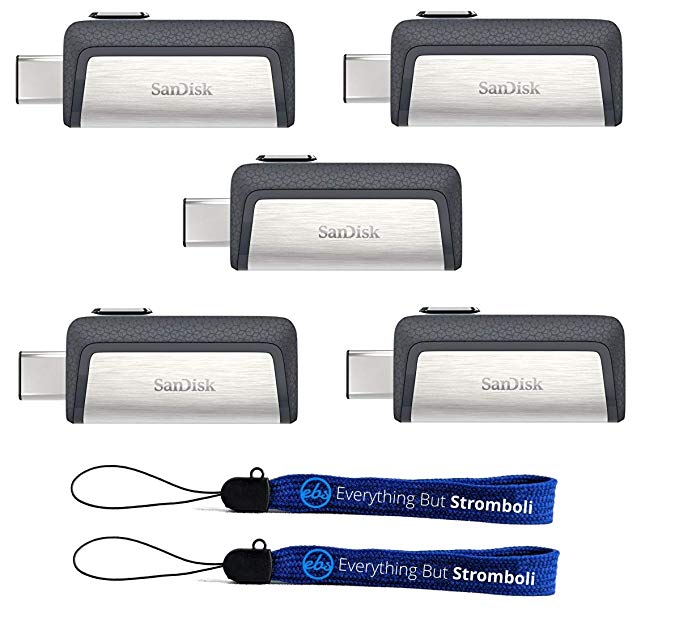 SanDisk Ultra 16GB Dual Drive USB Type-C (Five Pack Bundle) Works with Smartphones, Tablets, and Computers (SDDDC2-016G-G46) Plus (2) Everything But Stromboli (TM) Lanyard