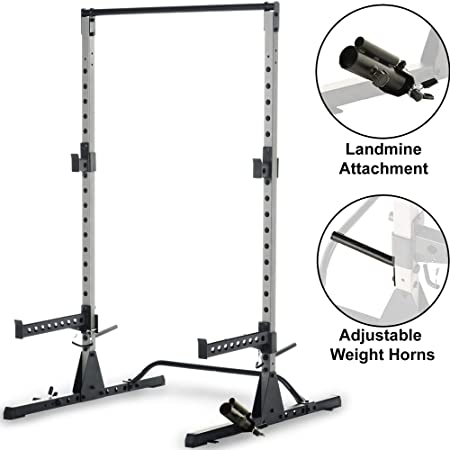 Fitness Reality Multi-Function Adjustable Power Rack Squat Stand with J-Hooks, Land Mine, Adjustable Weight Horns, Grey