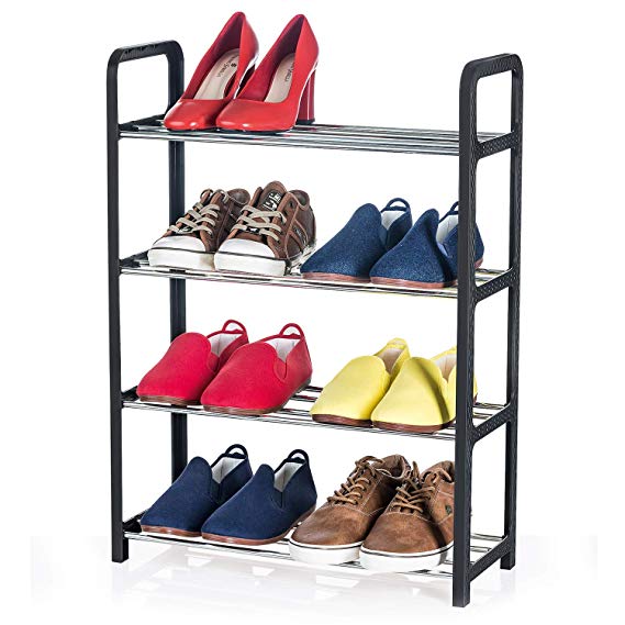 Artmoon Banff Compact and Functional 4 Tier Shoe Rack |8 Pairs |Easy to Assemble Without Tools | Entryway Shoe Tower with Metal Shelves and Black Plastic Rattan Frame