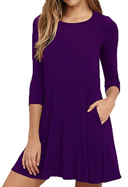 Viishow Womens Round Neck 3/4 Sleeves A-Line Casual Tshirt Dress With Pocket