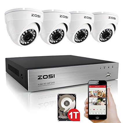 ZOSI 8Channel 720P HD DVR Security System - 4 x 1280TVL 1.0-Megapixel Outdoor indoor Dome Cameras, 24pcs IR Leds,65ft(20m) Night Vision, 1TB HDD,3G/4G Smartphone View (White)