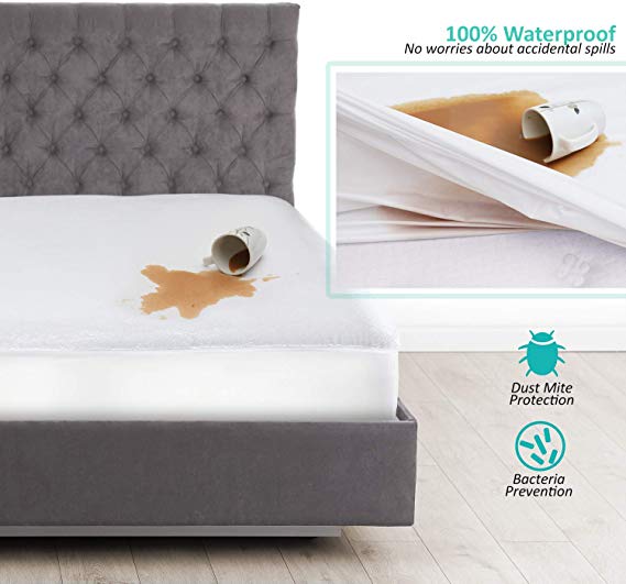 Nestl Bedding Cotton Terry Mattress Protector, Split California King Hypoallergenic Mattress Cover, Waterproof Mattress Protector, White