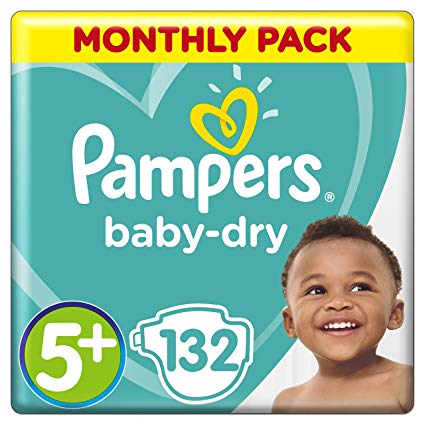 Pampers Baby-Dry Size 5 , 132 Nappies, 12-17 kg, Air Channels for Breathable Dryness Overnight, Monthly Pack