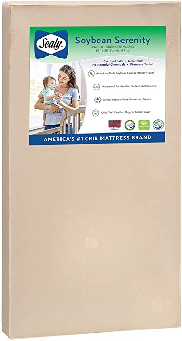 Sealy Soybean Serenity Foam-Core Infant/Toddler Crib Mattress - Hypoallergenic Soy Foam, Extra Firm, Plastic-Free Cover with Organic Fibers, Waterproof, Allergy Barrier, 52"x28"