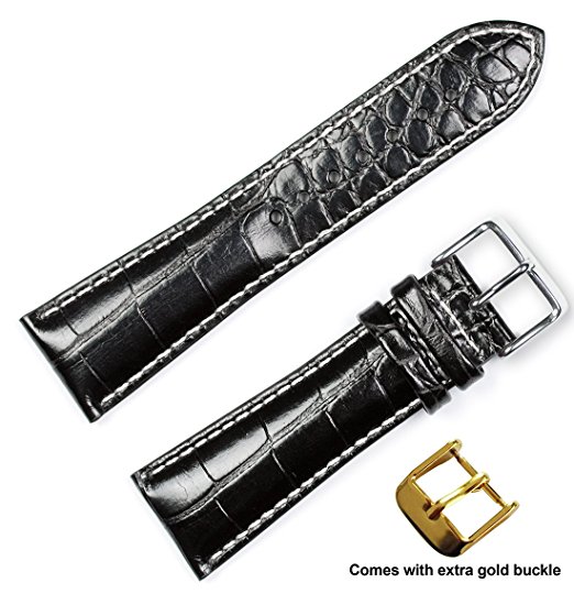 deBeer brand Crocodile Grain Watch Band (Silver & Gold Buckle) - (white stitching) Black 22mm