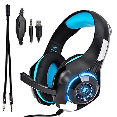 Beexcellent GM-1 Over-Ear Wired 3.5mm Pro Gaming Headset Surround Sound Gaming Headphone with LED Effect and Microphone for PC, Laptop, Tablet, PS4, Xbox, Cell Phone (Blue)