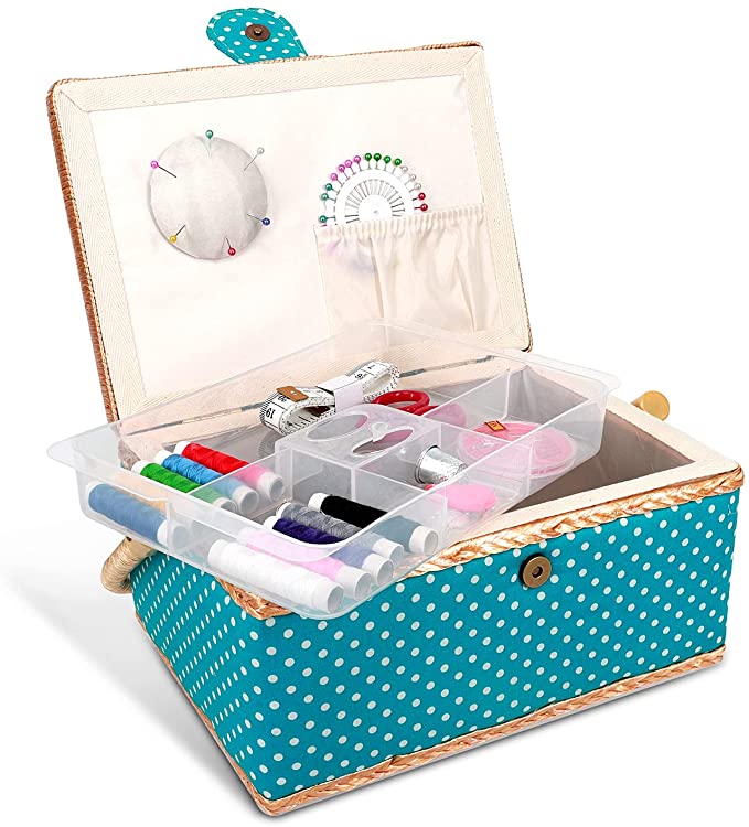 Navaris Sewing Box with Accessories - Sewing Basket with Organiser Tray Compartments 24.5 x 17.5 x 12.5 cm - Includes 76 Piece Kit - Dotted Design